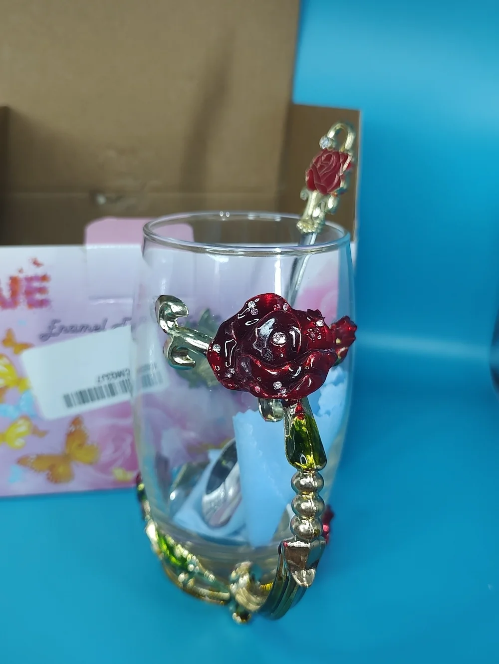 Handicraft Crystal Glass 3D Flower Tea Cup with Spoon Red Rose Accents